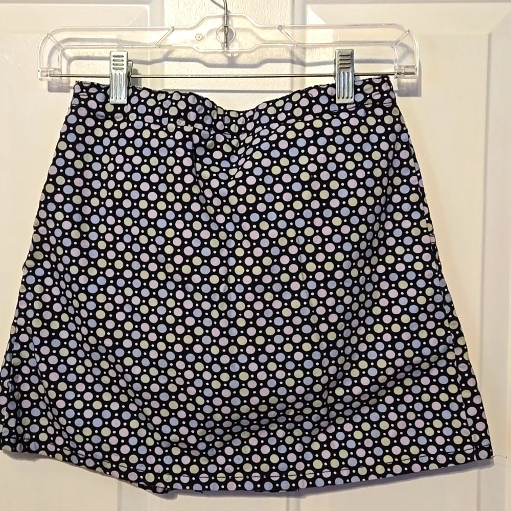 Gymboree Skort, Mini Skirt, Childs Sz 12, Navy, Pink, Green, Polka Dots, Bow